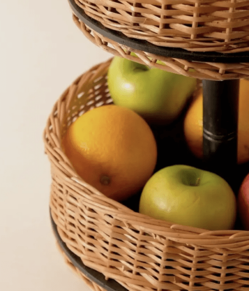 Wicker & Wood Serving Platter With Lid & 2 Tier Collapsable Fruit Basket Combo | Handcrafted in Kashmir - Image 3